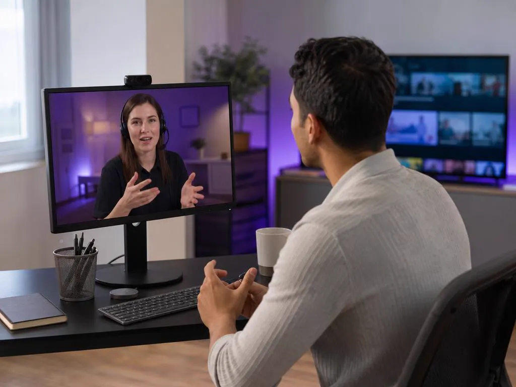 Conseiller support avec un casque qui aide un client à dépanner sa TV en visio