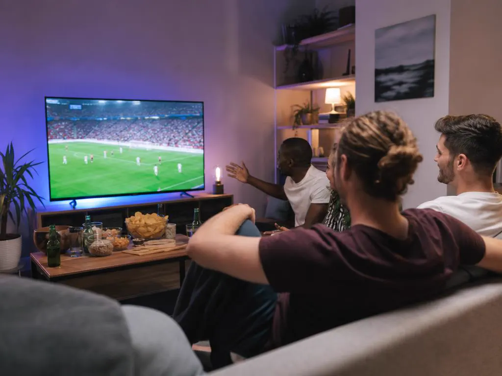 Groupe d’amis devant un match en direct, l’image de la TV fluide en pleine heure de pointe