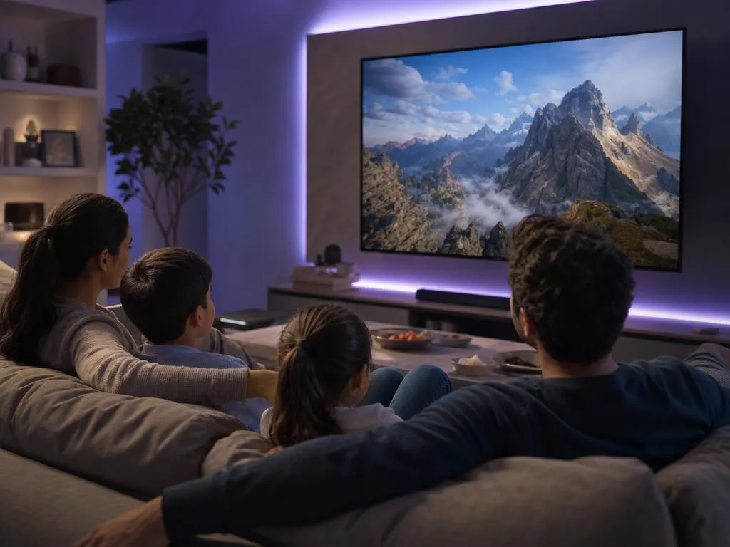 Famille détendue sur un canapé devant un documentaire nature fluide
