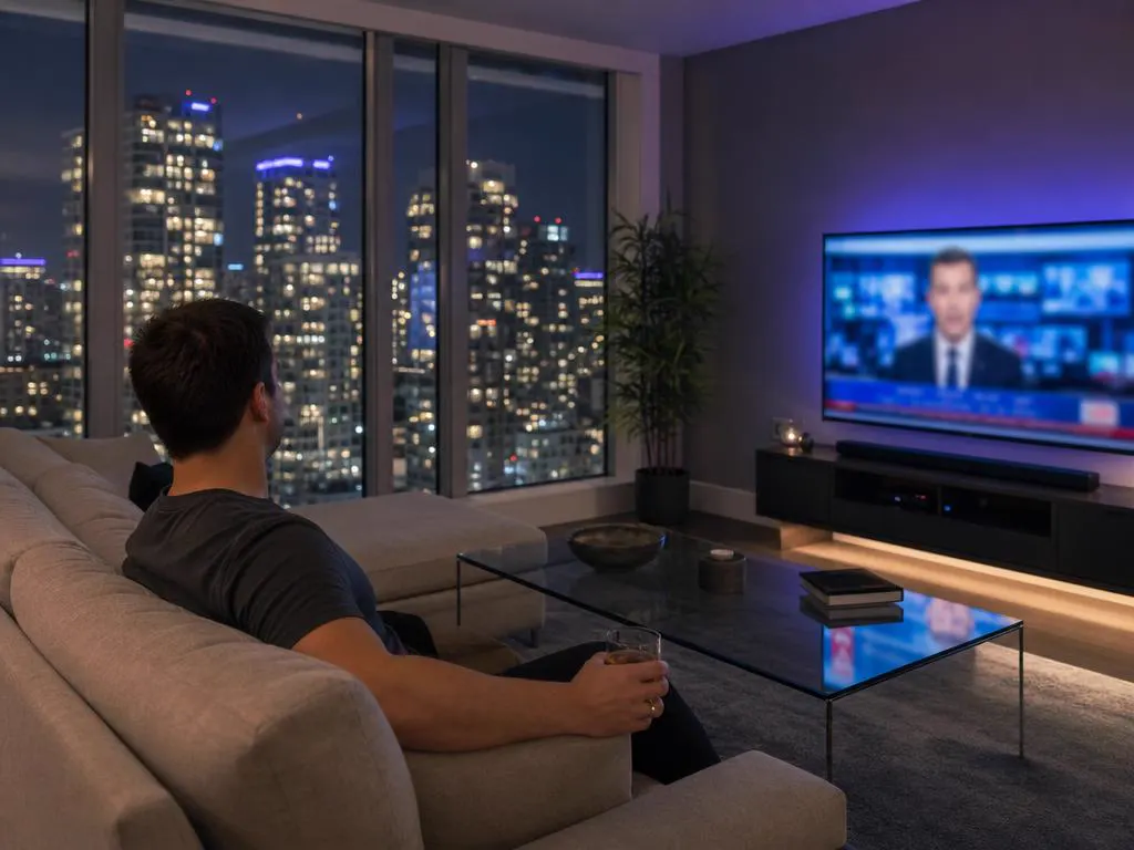 City condo at dusk with a TV playing live news and a skyline outside