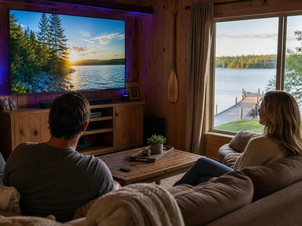 Lakeside cottage living room with a TV showing a sunny nature program