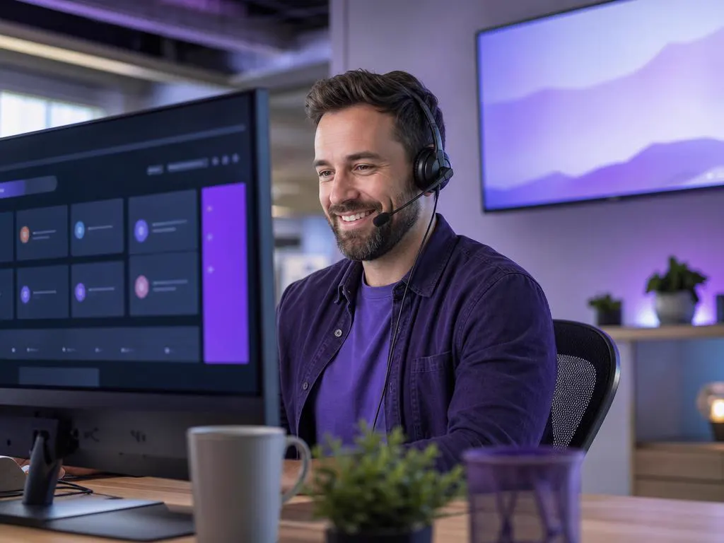 Friendly support agent with a headset helping a Canadian customer set up a TV