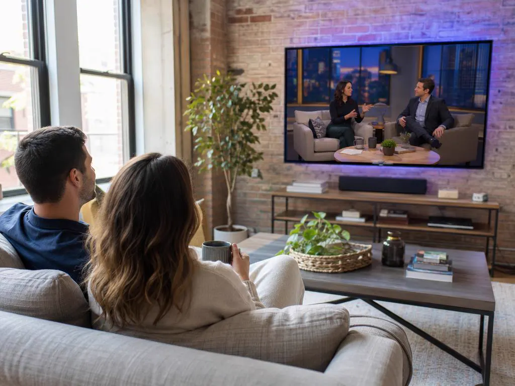 Couple in a bright Montreal-style apartment watching a French-language talk show on a large TV