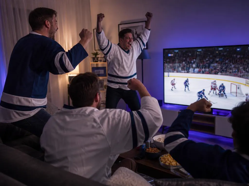 Friends in jerseys celebrating a goal during a live hockey game on a big TV