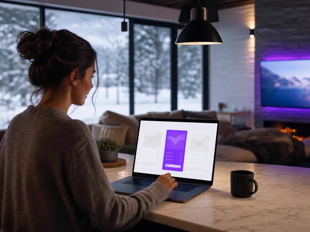 Woman choosing a streaming plan on a laptop at a kitchen island with snowy windows behind her