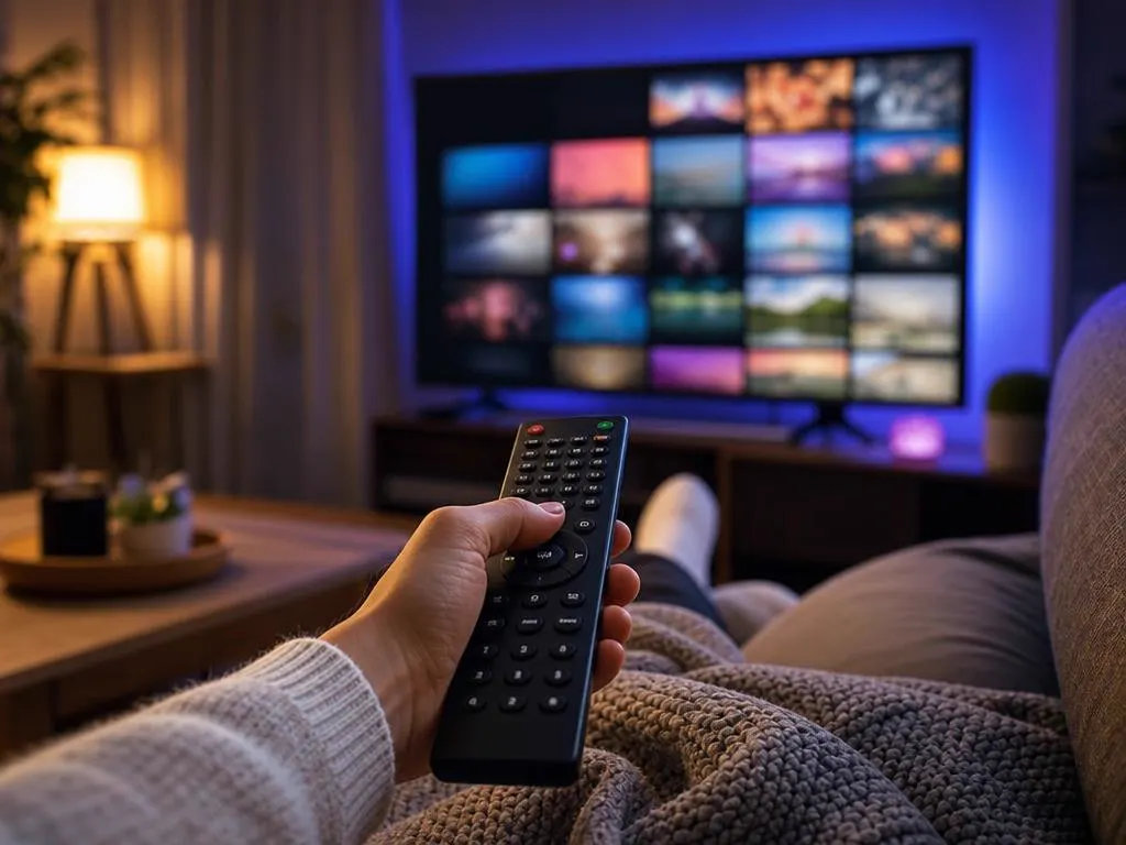 Hand holding a remote toward a TV showing a colorful grid of channel tiles in a cozy living room