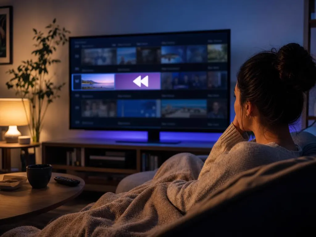 Woman relaxing on a sofa replaying an earlier TV show from a catch-up guide