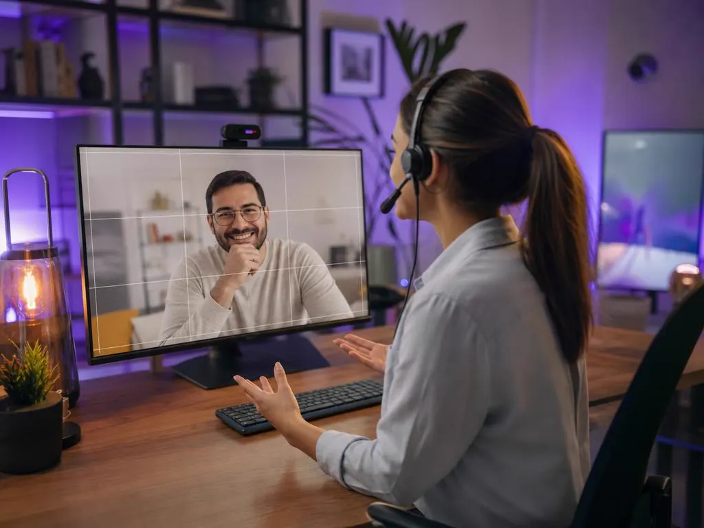 Support agent with a headset helping a customer fix a TV guide on a video call