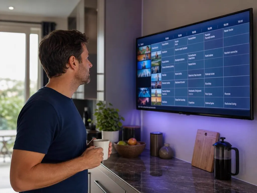 Man checking the morning TV guide with coffee