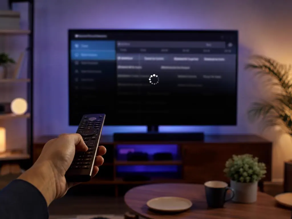 Hand holding a remote toward a TV showing a guide grid loading