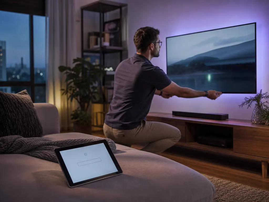 Tablet showing a settings screen with a single empty input field on a sofa