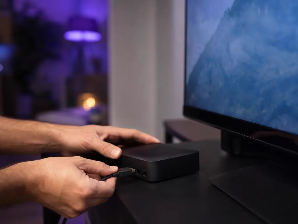 Hands plugging an HDMI cable into a small streaming box beside a TV