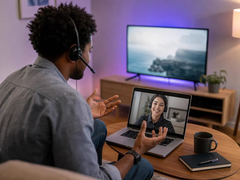 Support agent with a headset smiling while guiding a customer through a box setup