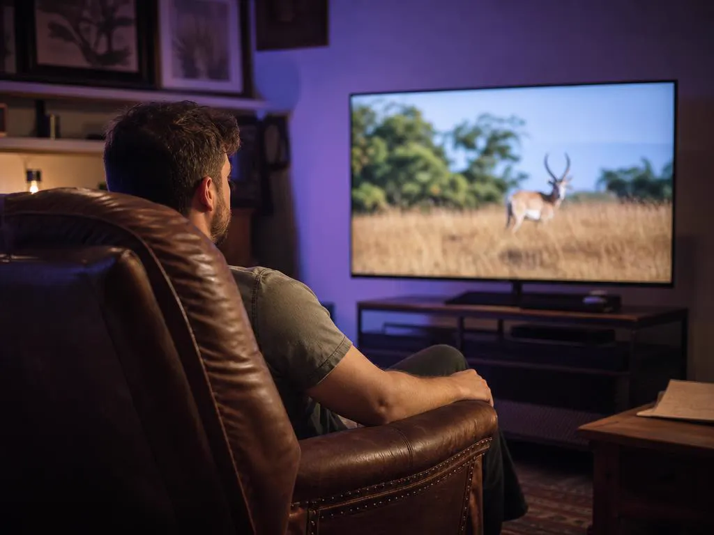 Cozy den with a box under a TV showing a nature documentary