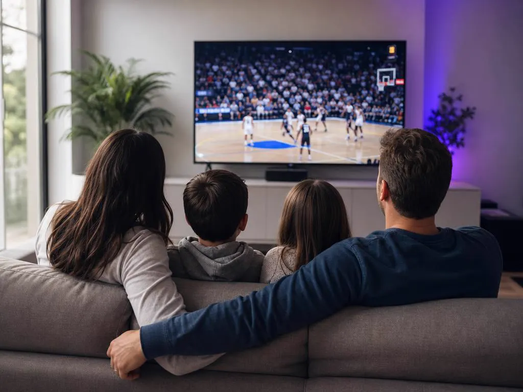 Family watching live sports with IPTV for Android box in a bright living room