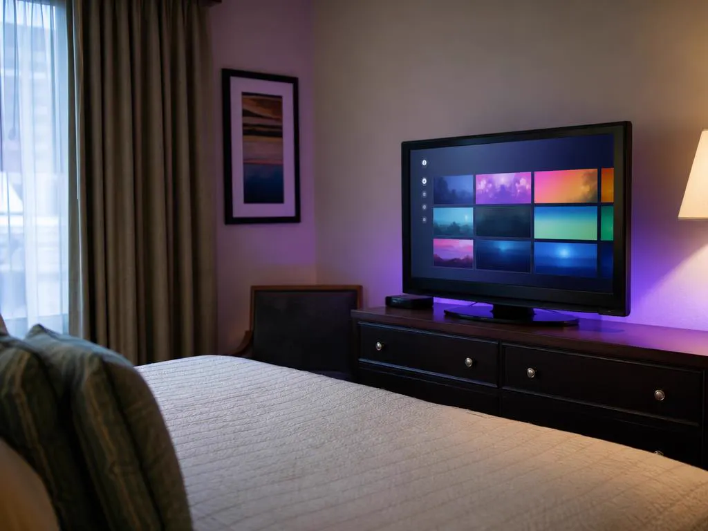 Older flat-screen TV in a guest room made smart with a small box