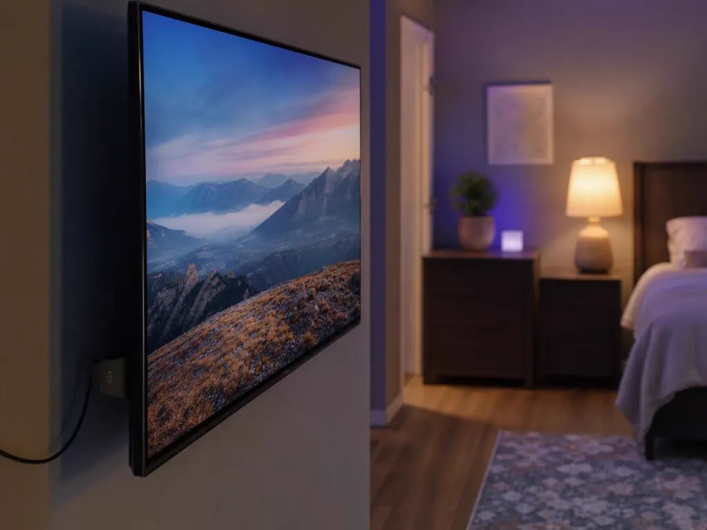 TV de chambre avec une petite clé qui affiche un paysage apaisant
