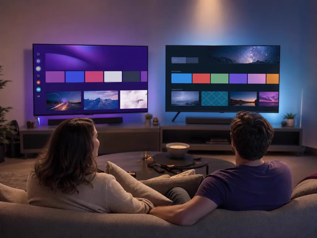 Deux écrans d’accueil de TV côte à côte avec des interfaces différentes