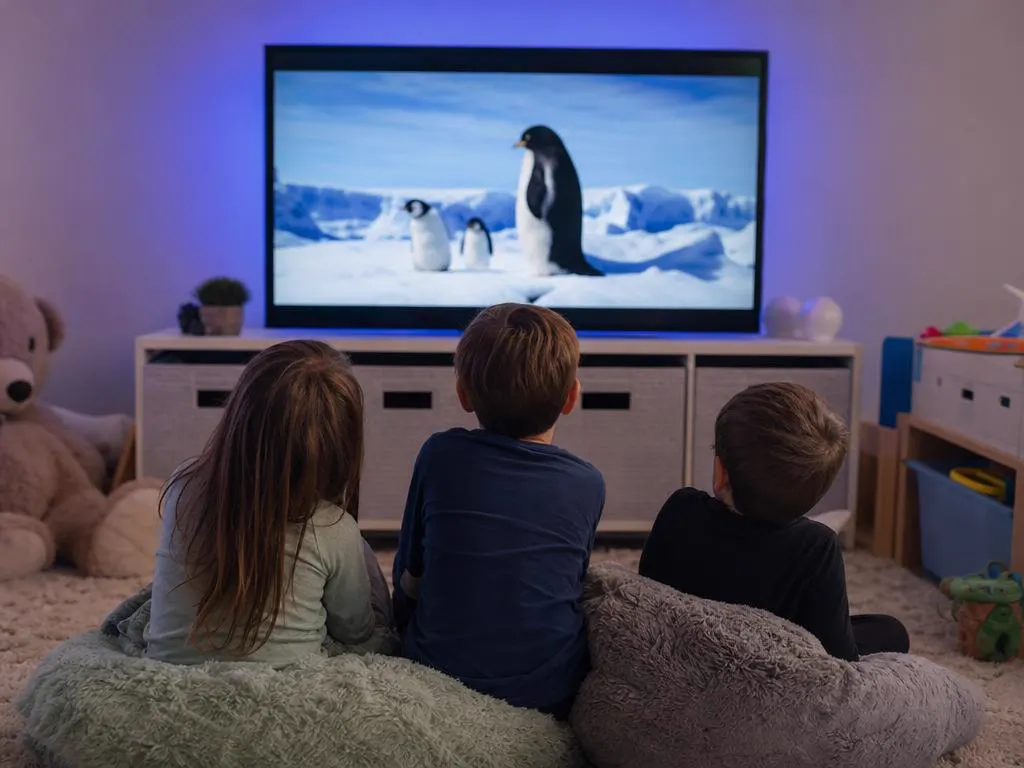 Enfants devant une émission nature sur la TV de la salle de jeux
