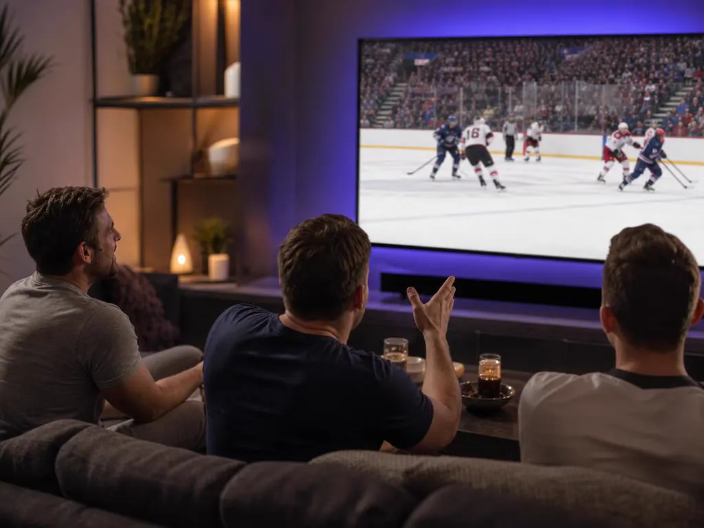 Grande TV qui affiche un match de hockey en direct bien net dans un salon