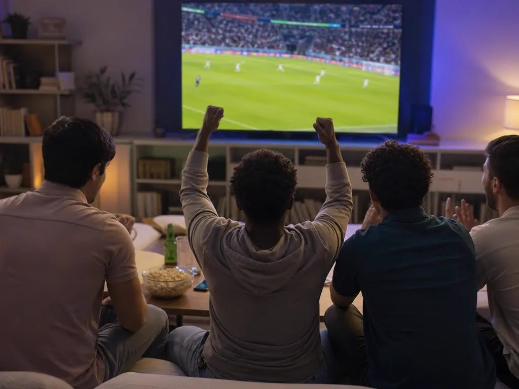 Amis devant un match de football en direct sur une grande Smart TV