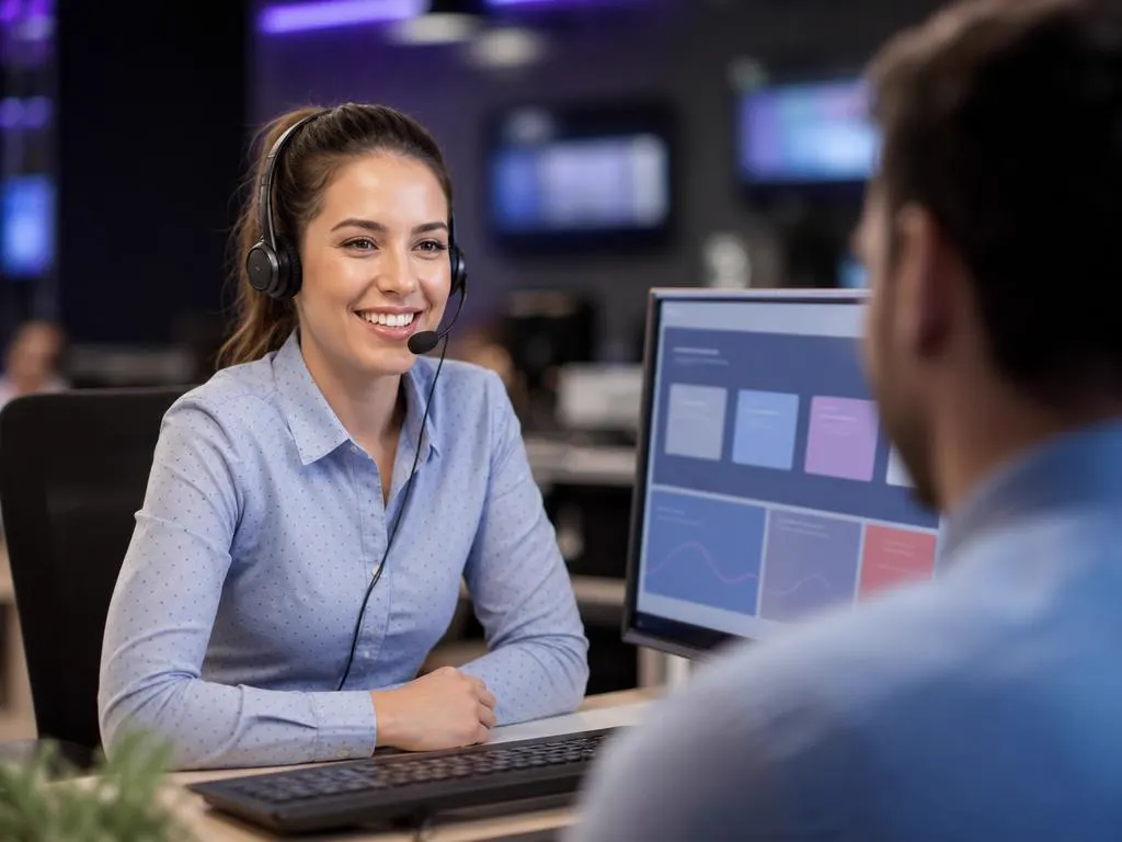 Conseiller support avec un casque, souriant, qui aide un client à choisir une appli