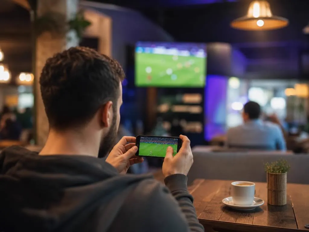 Homme qui regarde un match de football en direct sur son téléphone Android dans un café