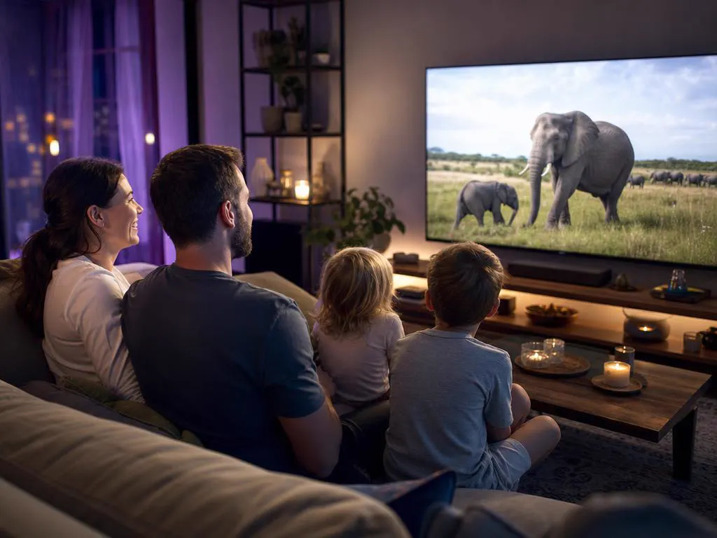 Famille devant une émission nature sur une Android TV dans le salon