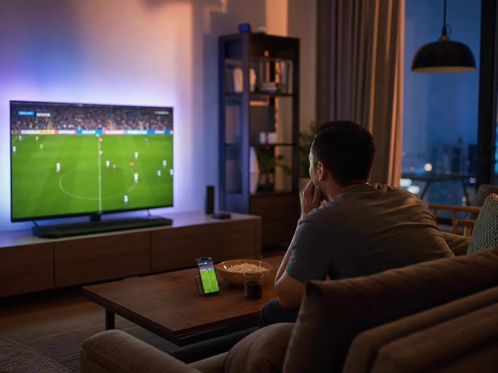 Téléphone sur une table basse qui envoie une chaîne en direct vers la TV