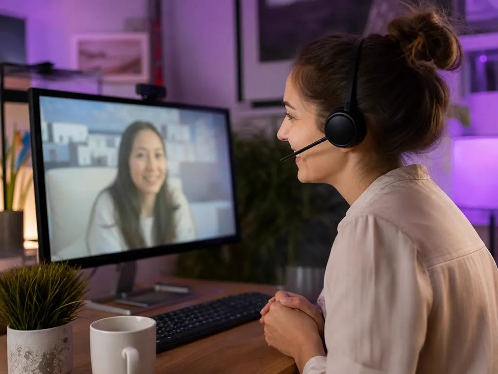 Conseillère support souriante avec un casque qui aide un client en visio