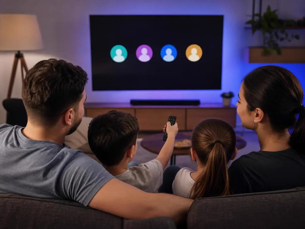 Famille sur un canapé avec une fine télécommande, une TV qui affiche des cercles de profils
