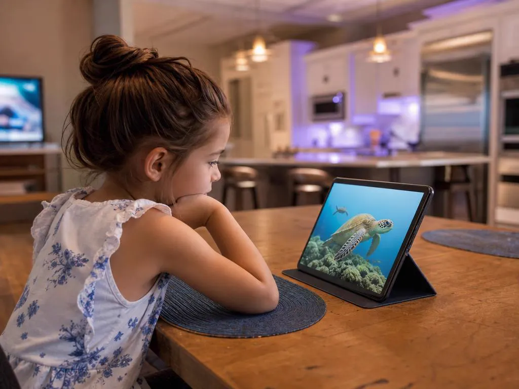 Enfant devant une émission nature sur une tablette dans la cuisine