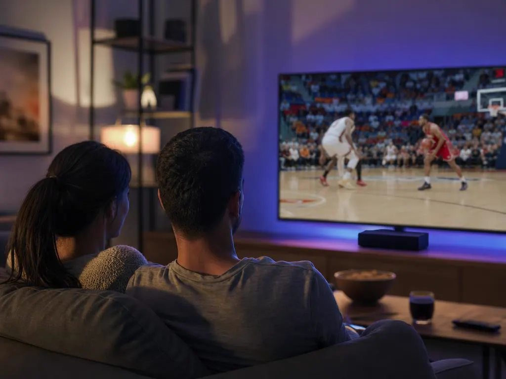 Couple devant un match en direct sur une grande TV, un petit boîtier noir en dessous
