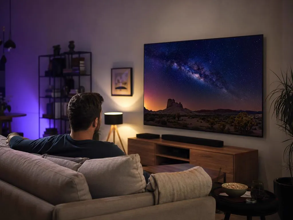 Grande TV qui affiche une scène nature nette et vive, avec des noirs profonds