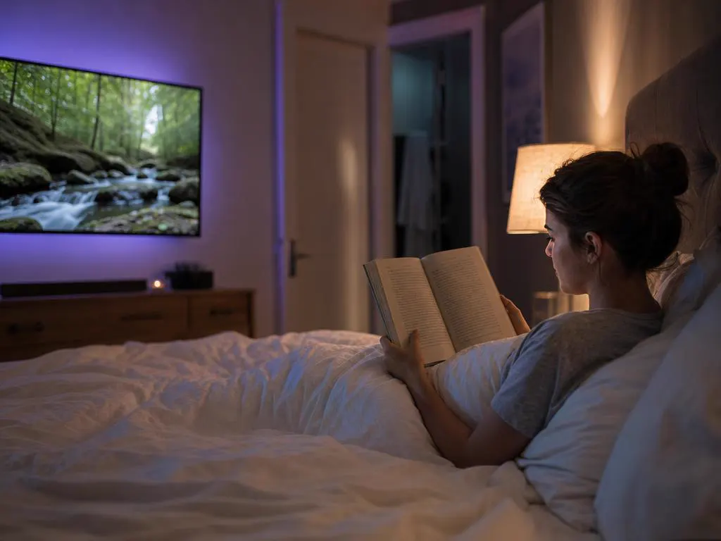 Woman reading in bed while a wall TV plays a calm nature show