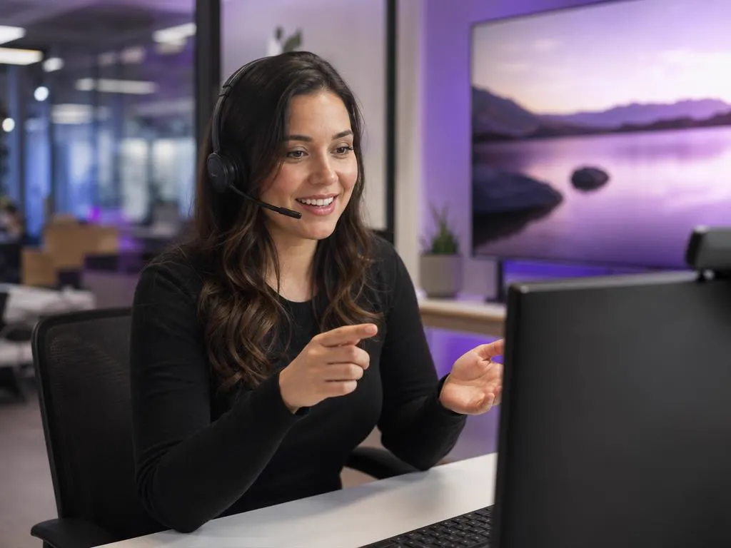 Support agent with a headset smiling while guiding a customer through a TV setup