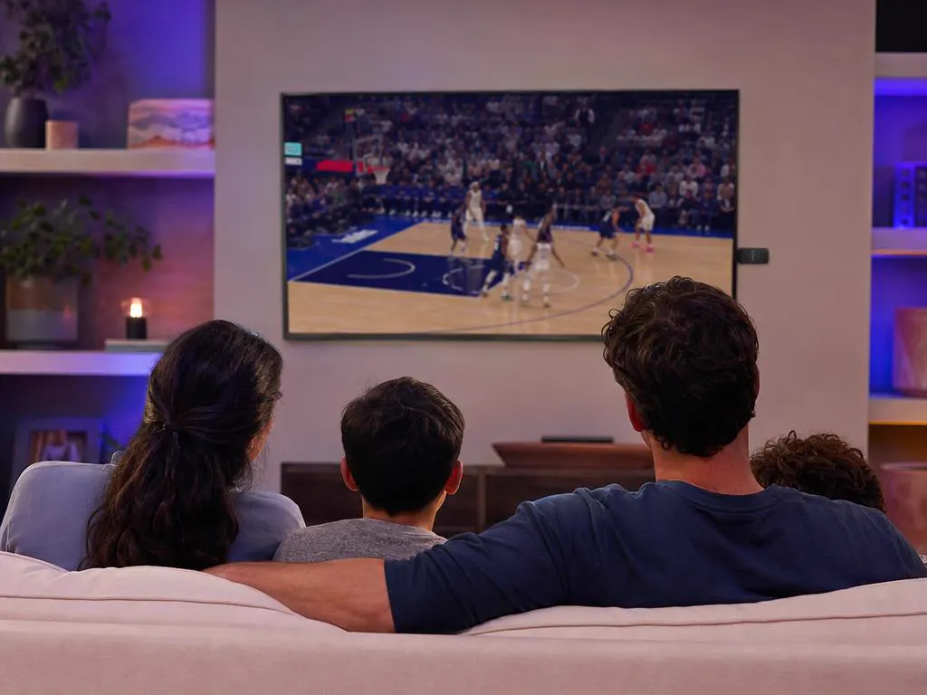 Family watching a live game in a bright living room with a streaming stick in the TV