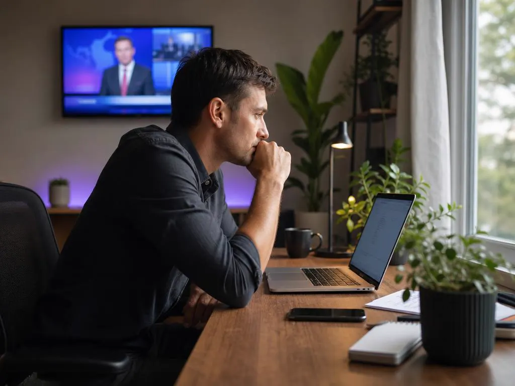 Home office with a small TV showing live news on the wall