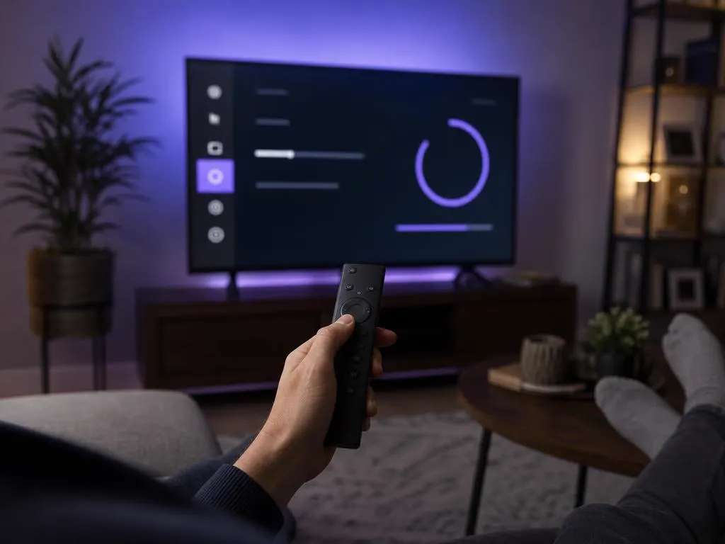 Hand holding a streaming remote toward a TV showing an abstract settings menu
