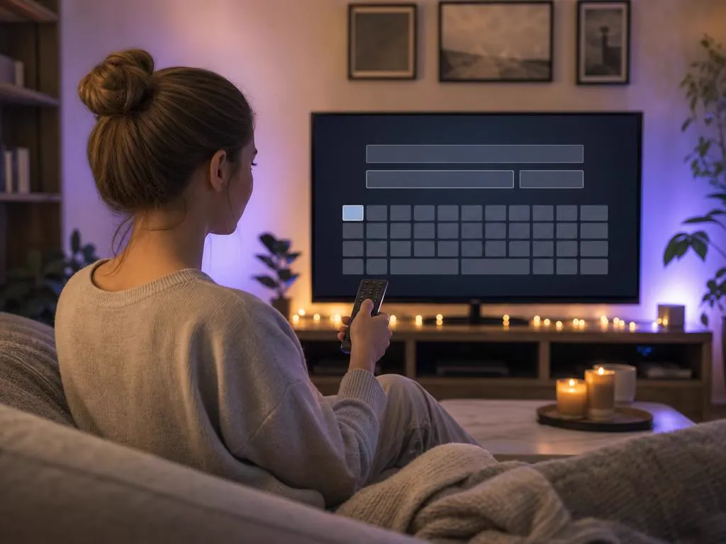 Woman on a sofa typing on a TV on-screen keyboard with a remote
