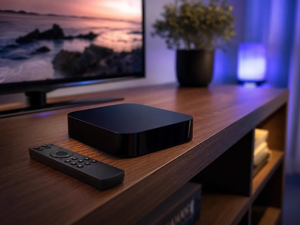Compact black 4K set-top box and slim remote on a walnut console