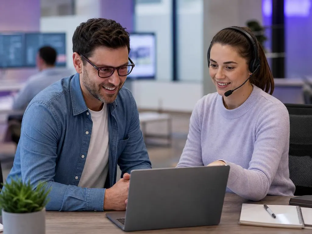 Support specialist with a headset helping a customer on a laptop