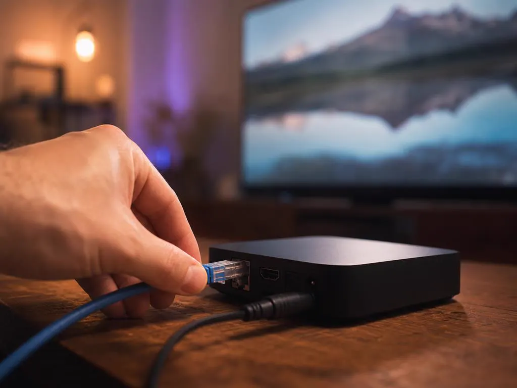 Ethernet cable plugged into the back of a compact set-top box