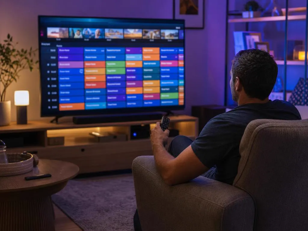 Man in an armchair browsing a colorful TV guide on a large TV