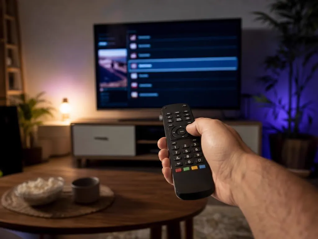 Hand pointing a set-top box remote at a TV menu
