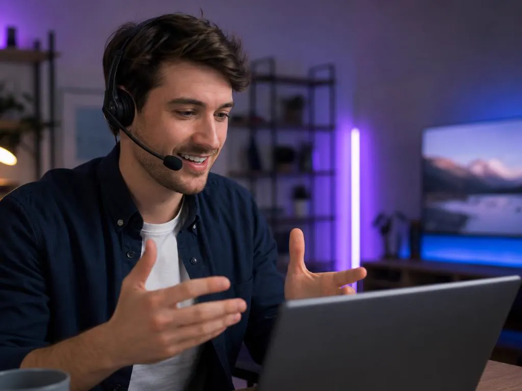 Conseiller support avec un casque, souriant, qui aide un client en visio
