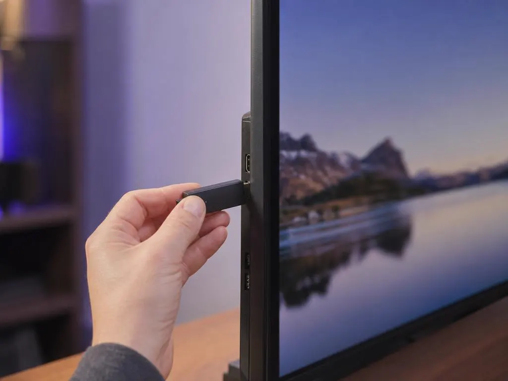 Main qui branche une petite clé de streaming sur le port HDMI latéral d’une TV fine