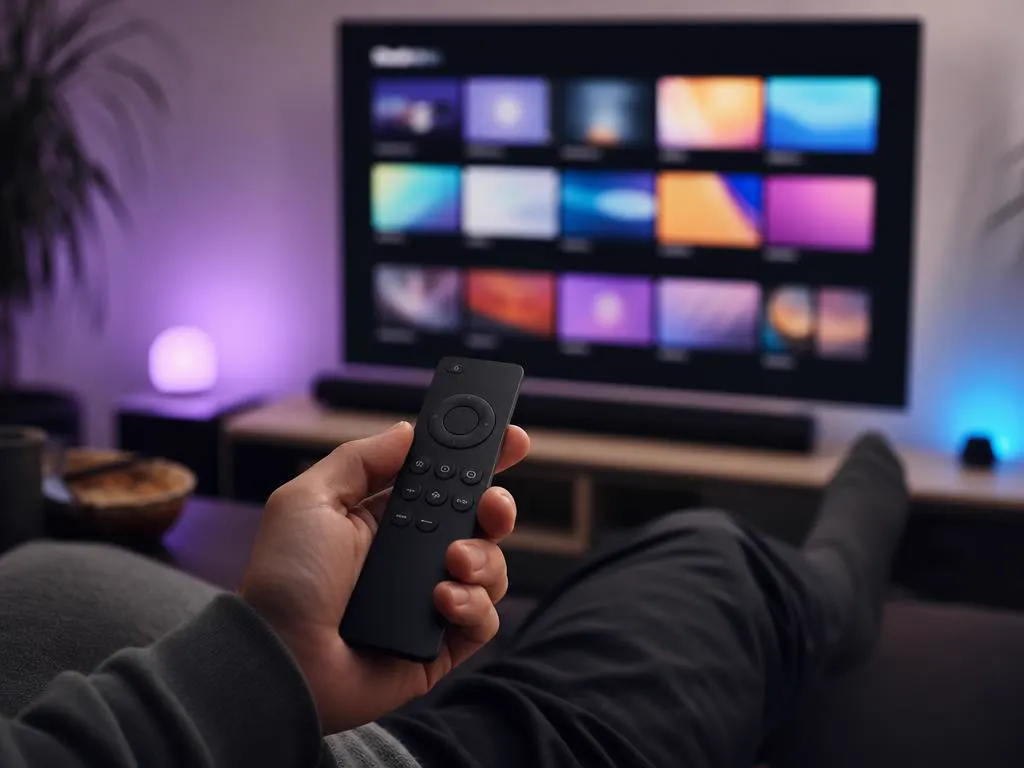Grille d’un store d’applis de Smart TV avec des tuiles abstraites colorées et une télécommande