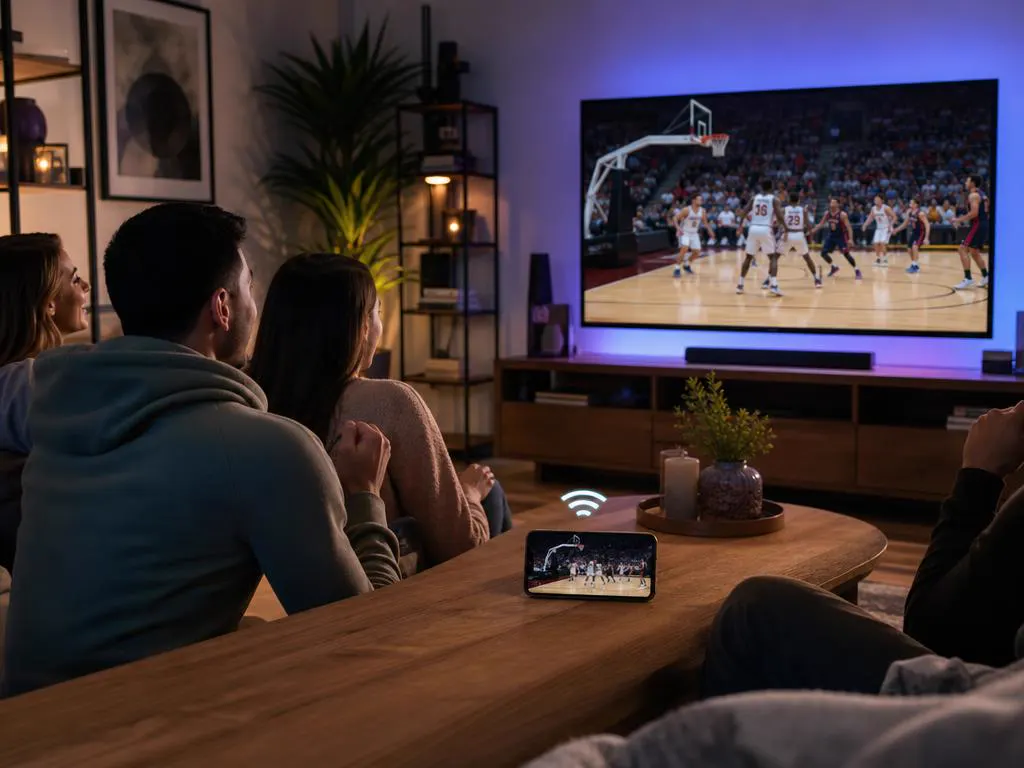 iPhone qui envoie un match en direct vers une grande TV dans un salon moderne via la recopie d’écran
