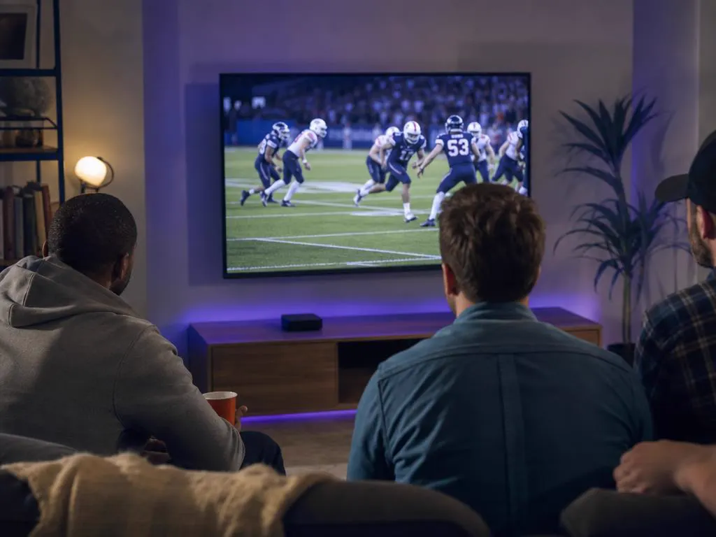 Salon avec un petit boîtier de streaming sous une TV qui affiche un match en direct